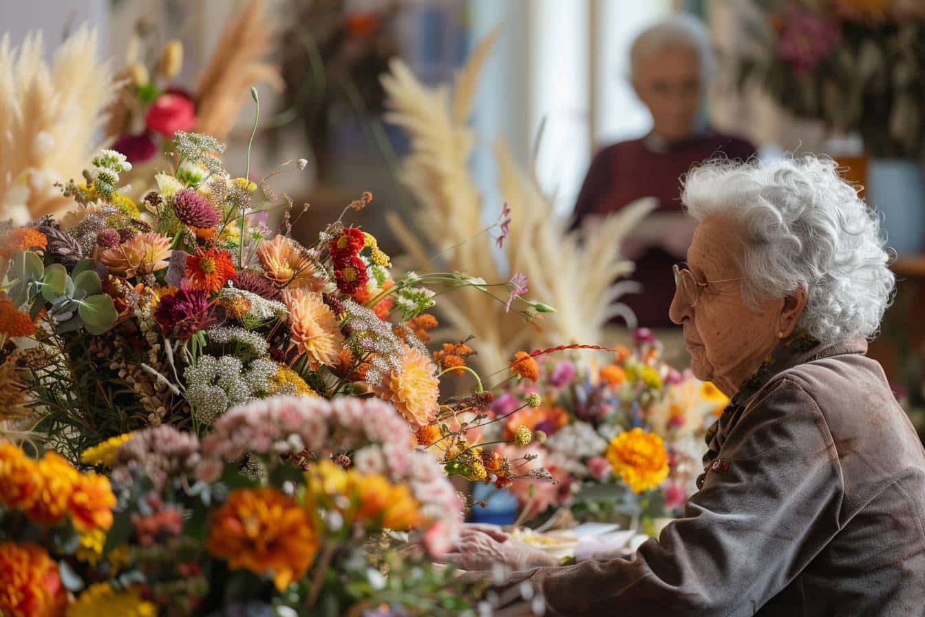 Bouquet coloré réalisé par des mains expertes  
Arrangement floral élégant pour un public senior