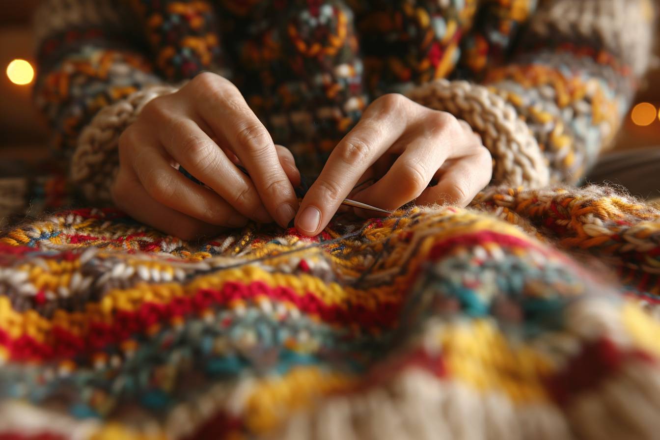 Tricot aux mains d'un senior découvrant des techniques  
Un senior heureux pratiquant le tricot avec aisance