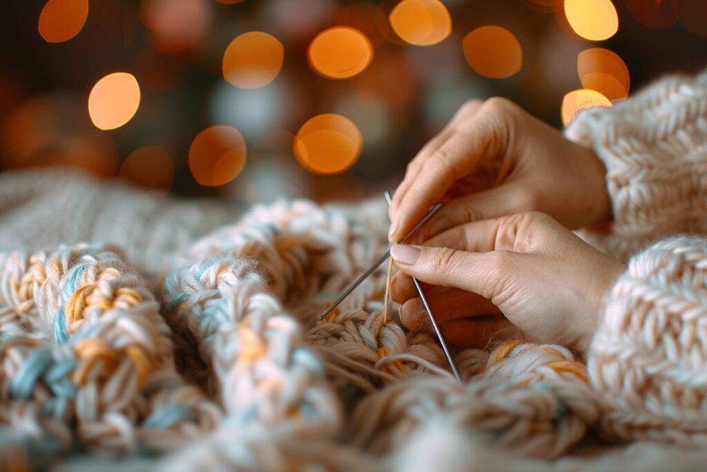 Tricot aux mains d'un senior découvrant des techniques