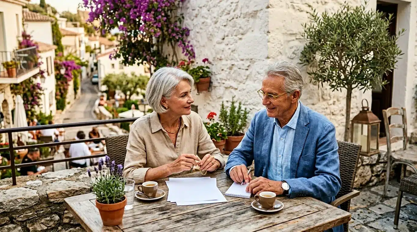 Deux personnes âgées discutent autour d'un café en terrasse