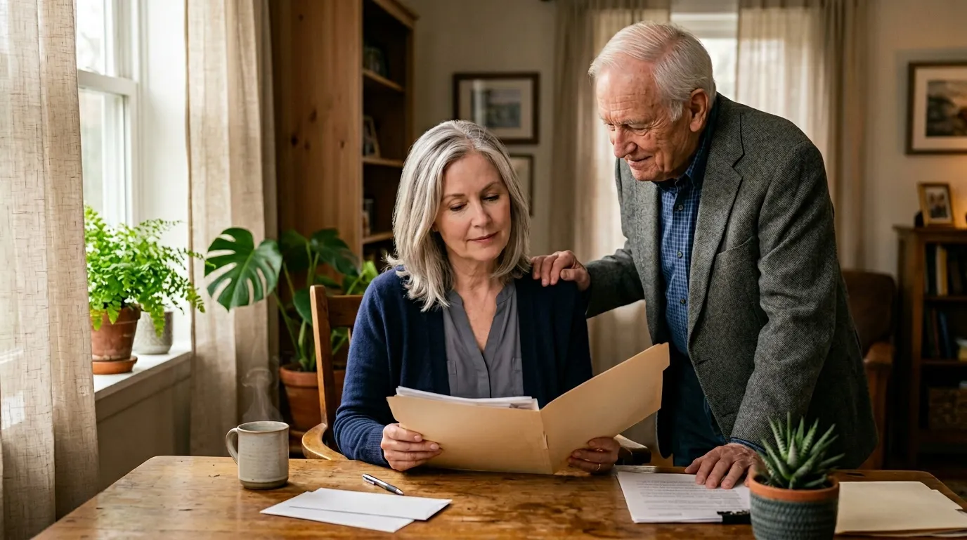 Homme et femme examinent des papiers à une table
