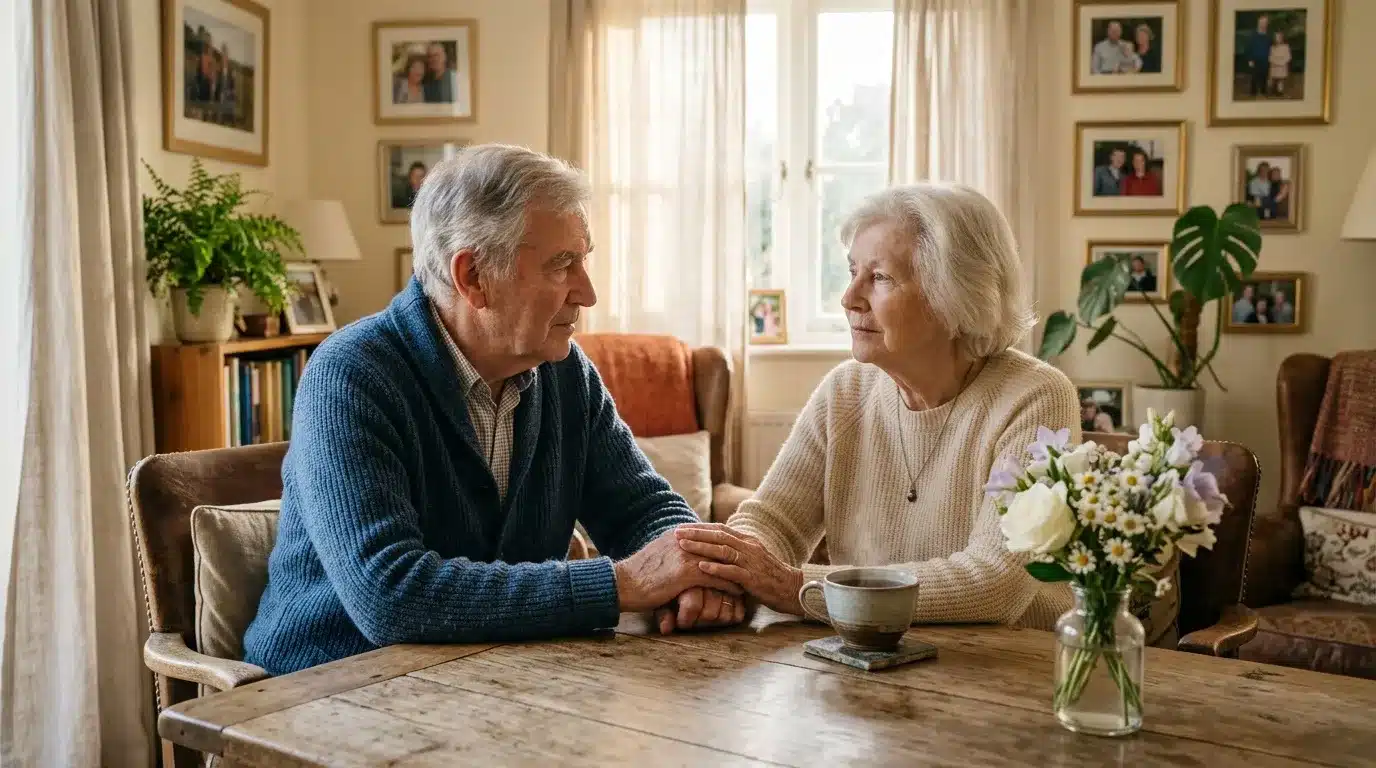 Deux personnes âgées se tenant la main à table, se regardant tendrement.