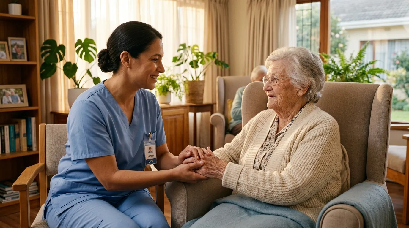 Infirmière en uniforme bleu parle avec femme âgée souriante